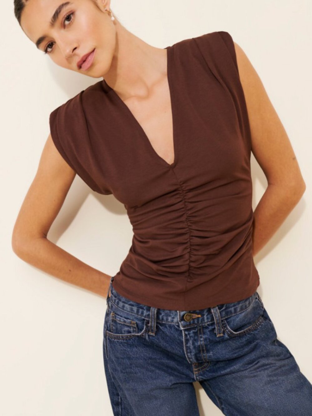 Esthe Shirred V-Neck Top with Ruched Shoulder Pads and Stretch, Size Small